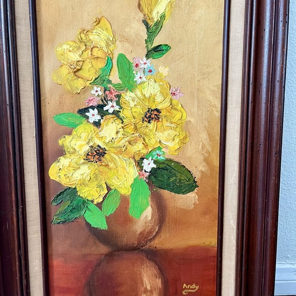 Vintage Original Oil Painting of Yellow Flowers In Vase by Andy 15/26 Framed - Picture 2 of 15